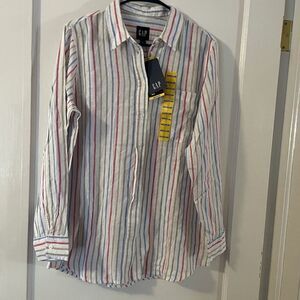 NWT GAP Striped Linen Buttondown Women's Medium Longsleeved Buttondown Shirt Top
